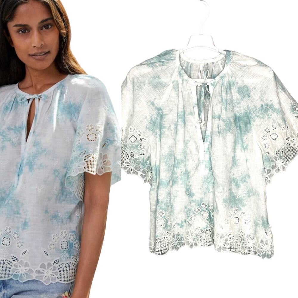 Anthropologie Olivia Embroidered Tie Dye Tie Front Raglan Sleeve Top Size Medium